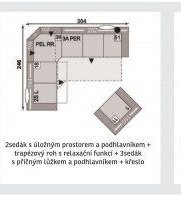 2sedák s úložným prostorem a podhlavníkem + trapézový roh s relaxační funkcí + 3sedák s příčným lůžkem a podhlavníkem + křeslo