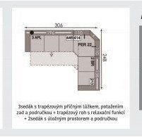 3sedák s trapézovým příčným lůžkem, potažením zad a područkou + trapézový roh s relaxační funkcí + 2sedák s úložným prostorem a područkou