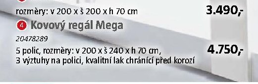 Kovový regál Mega, 5 polic, rozměry: v 200 x š 240 x h 70 cm