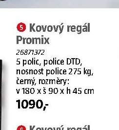 Kovový regál Promix, 5 polic, 275 kg, černý, v 180 x š 90 x h 45 cm