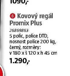Kovový regál Promix Plus, 5 polic, 200 kg, černý, v 180 x š 120 x h 45 cm