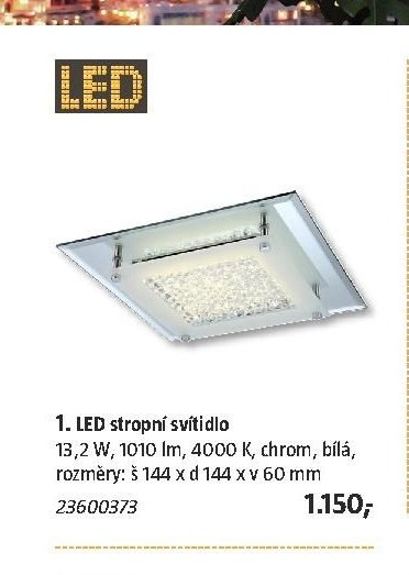 1. LED stropní svítidlo 13,2 W, 1010 lm, 4000 K, chrom, bílá, rozměry: š 144 x d 144 x v 60 mm