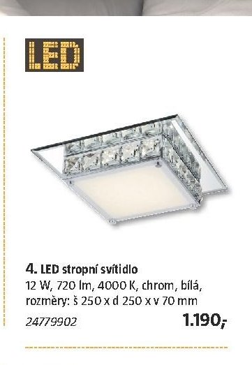 4. LED stropní svítidlo 12 W, 720 lm, 4000 K, chrom, bílá, rozměry: š 250 x d 250 x v 70 mm