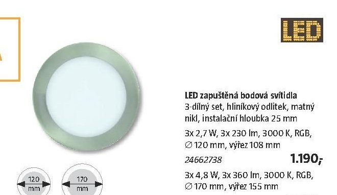LED zapuštěná bodová svítidla 3-dílný set, hliníkový odlitek, matný nikl, instalační hloubka 25 mm, 3x 2,7 W, 3x 230 lm, 3000 K, RGB, 120 mm, výřez 108 mm
