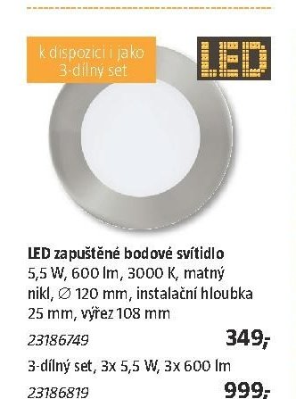 LED zapuštěné bodové svítidlo 5,5 W, 600 lm, 3000 K, matný nikl, 120 mm, instalační hloubka 25 mm, výřez 108 mm