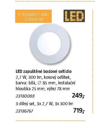 LED zapuštěné bodové svítidlo 2,7 W, 300 lm