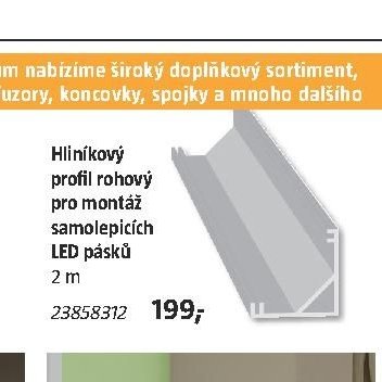 Hliníkový profil rohový pro montáž samolepicích LED pásků