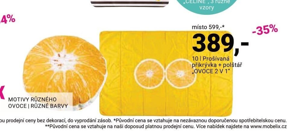 Prošívaná přikrývka + polštář „OVOCE 2 V 1“