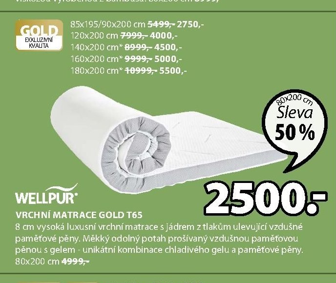 WELLPUR VRCHNÍ MATRACE GOLD T65