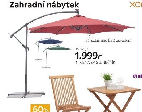 Slunečník, konstrukce z hliníku, potah z polyesteru v červené, modré nebo zelené barvě, vč. solárního LED osvětlení