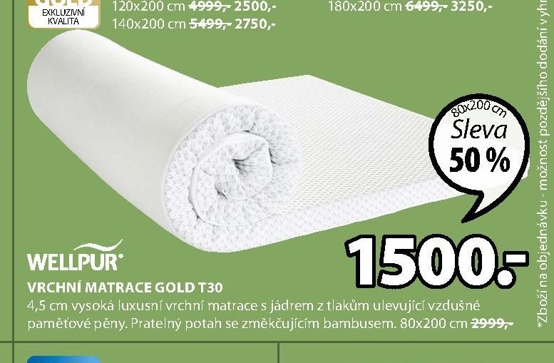 WELLPUR VRCHNÍ MATRACE GOLD T30