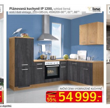 Plánovaná kuchyně IP 1200, vzhled černá ocel/dub vintage