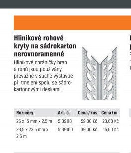 Hliníkové rohové kryty na sádrokarton nerovnoramenné