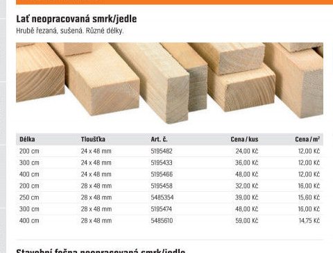 Lať neopracovaná smrk/jedle