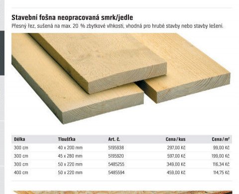 Stavební fošna neopracovaná smrk/jedle (40x200 mm a větší)