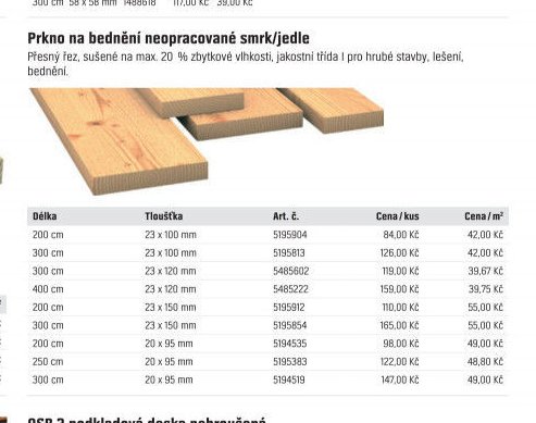 Prkno na bednění neopracované smrk/jedle (23x100 mm a větší)