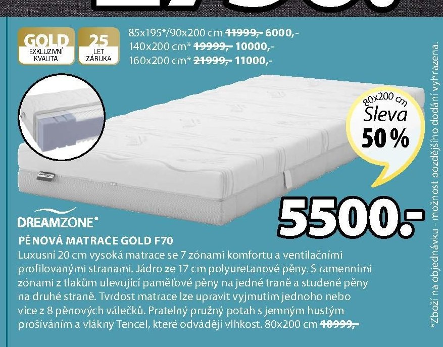GOLD EXKLUZIVNÍ KVALITA 25 LET ZÁRUKA PĚNOVÁ MATRACE GOLD F70