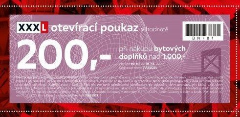 XXXL otevírací poukaz v hodnotě 200,- při nákupu bytových doplňků nad 1.000,-