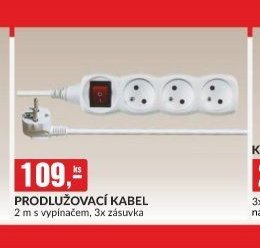 Prodlužovací kabel 2 m s vypínačem, 3x zásuvka