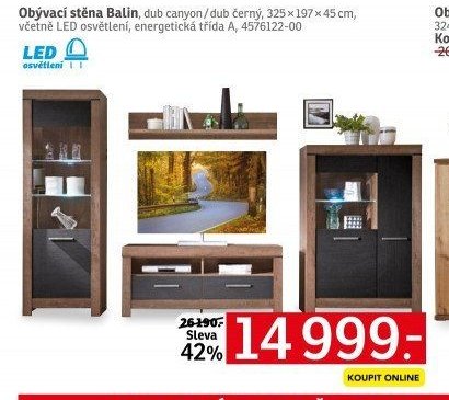 Obývací stěna Balin, dub canyon/dub černý, 325x197x45 cm, včetně LED osvětlení