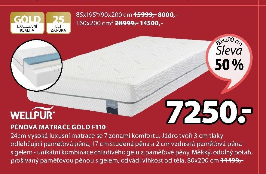 WELLPUR PĚNOVÁ MATRACE GOLD F110