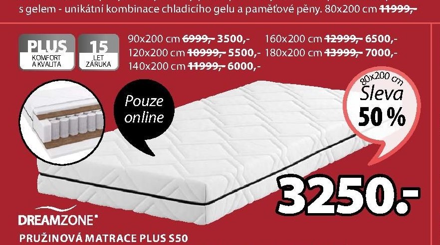 DREAMZONE PRUŽINOVÁ MATRACE PLUS S50