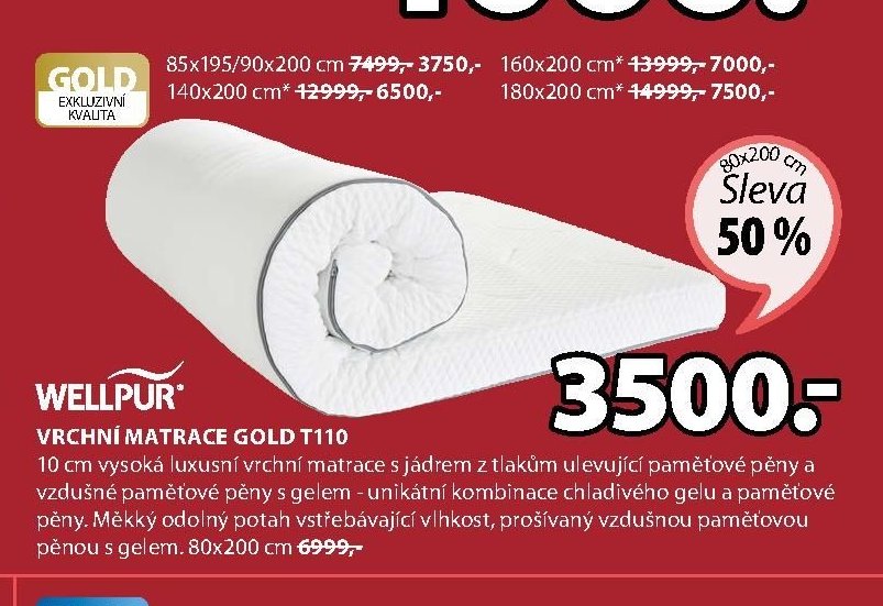 WELLPUR VRCHNÍ MATRACE GOLD T110