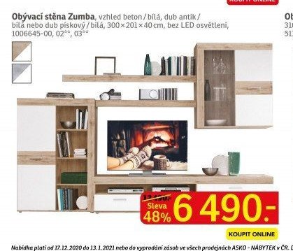 Obývací stěna Zumba, vzhled beton/bílá, dub antik/bílá nebo dub pískový/bílá