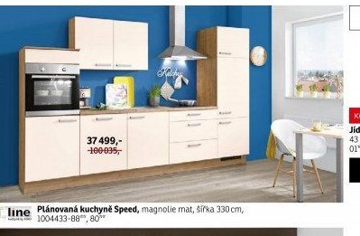 Plánovaná kuchyně Speed, magnolie mat, šířka 330 cm
