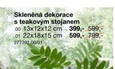 Skleněná dekorace s teakovým stojanem