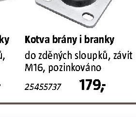 Kotva brány i branky do zděných sloupků, závit M16, pozinkováno