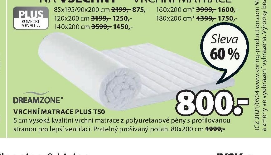 VRCHNÍ MATRACE PLUS T50
