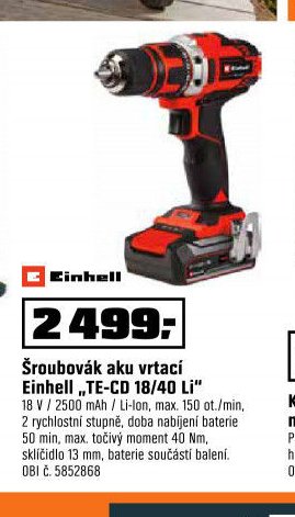 Šroubovák aku vrtací Einhell TE-CD 18/40 Li
