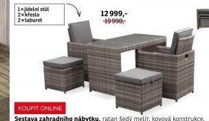 Sestava zahradního nábytku, ratan šedý melír, kovová konstrukce