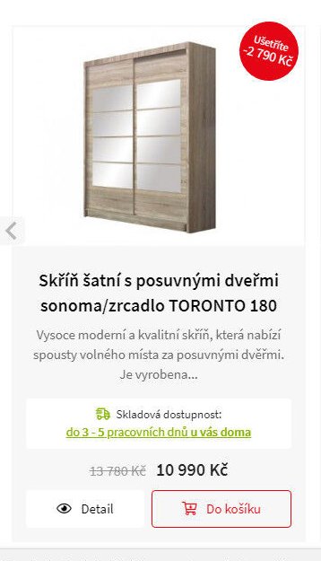 Skříň šatní s posuvnými dveřmi sonoma/zrcadlo TORONTO 180
