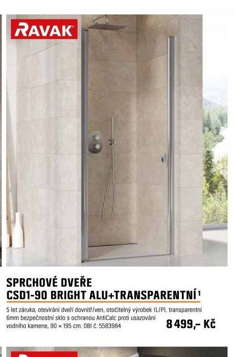 SPRCHOVÉ DVEŘE CSD1-90 BRIGHT ALU+TRANSPARENTNÍ