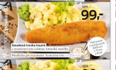 Smažená treska tmavá s bramborovým salátem, tatarská omáčka