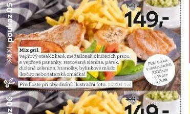 Mix gril, vepřový steak z karé, medailonek z kuřecích prsou a vepřové panenky, restovaná slanina, párek, dušená zelenina, hranolky, bylinkové máslo (kečup nebo tatarská omáčka)