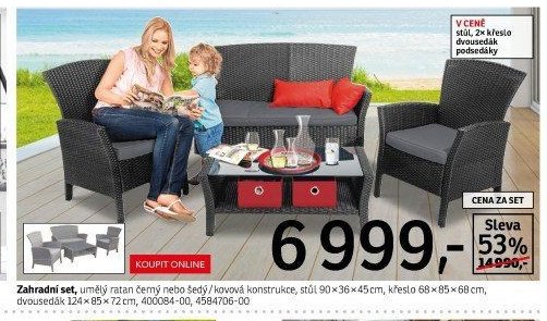 Zahradní set, umělý ratan černý nebo šedý/kovová konstrukce, stůl 90x36x45 cm, křeslo 68x85x68 cm, dvusedák 124x85x72 cm