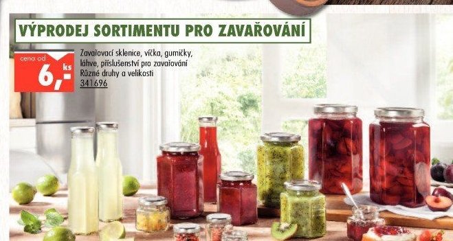 Zavařovací sklenice, víčka, gumičky, lahve, příslušenství pro zavařování