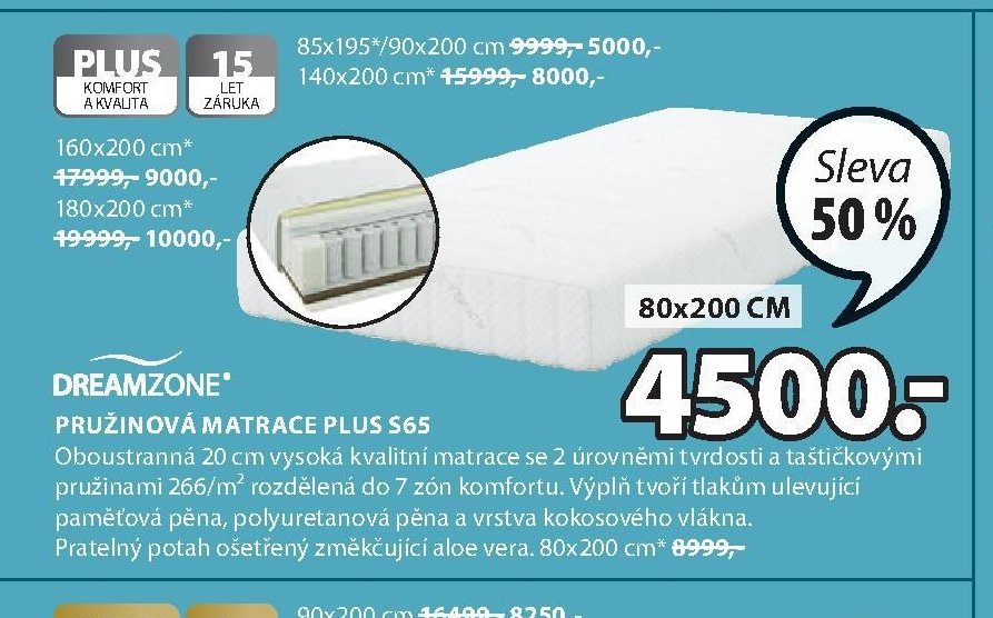 DREAMZONE Pružinová matrace PLUS S65