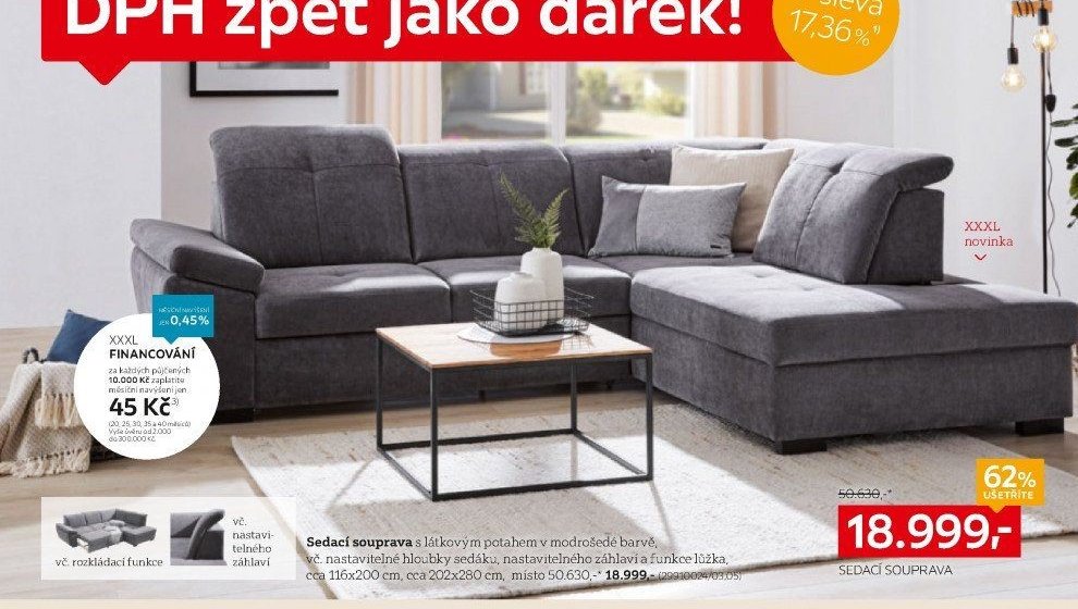 Sedací souprava s látkovým potahem v modrošedé barvě