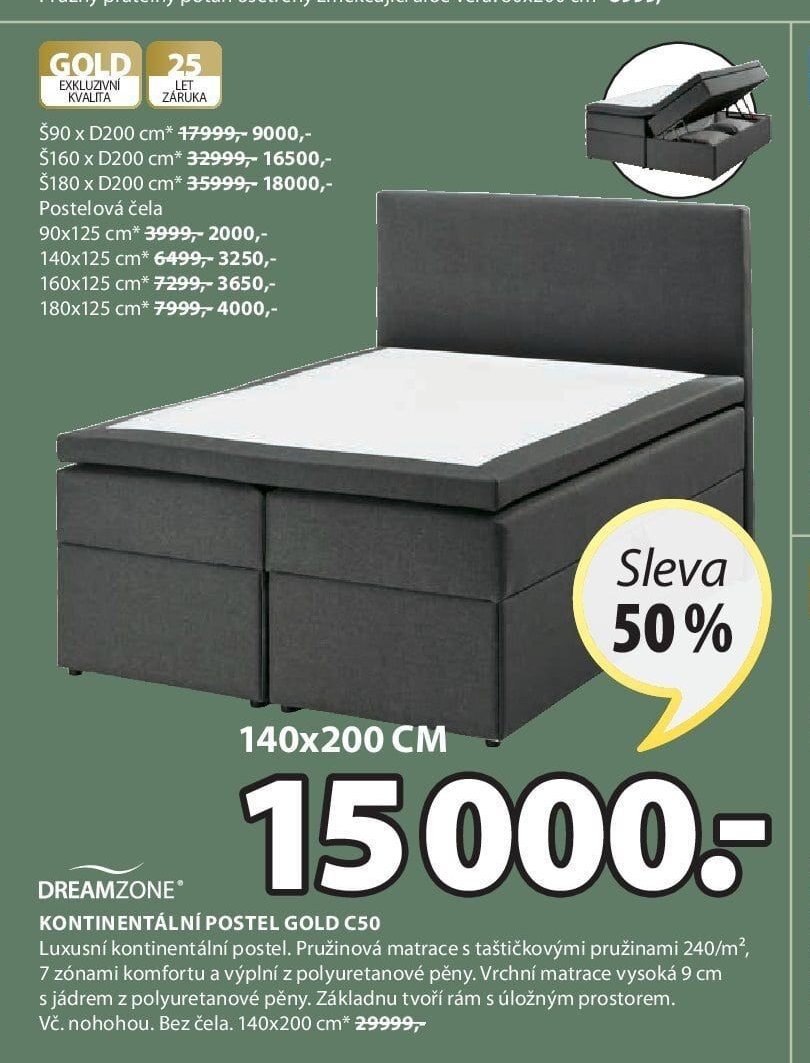 DREAMZONE KONTINENTÁLNÍ POSTEL GOLD C50