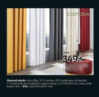 Hotový závěs s kroužky, 35% bavlna, 65% polyester, k dostání v 5 barevných provedeních, neprůsvitný, cca 135x245 cm