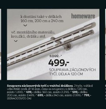 Souprava záclonových tyčí s vnitřní drážkou