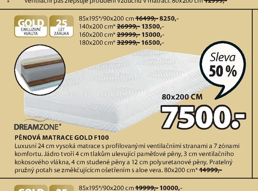 DREAMZONE PĚNOVÁ MATRACE GOLD F100
