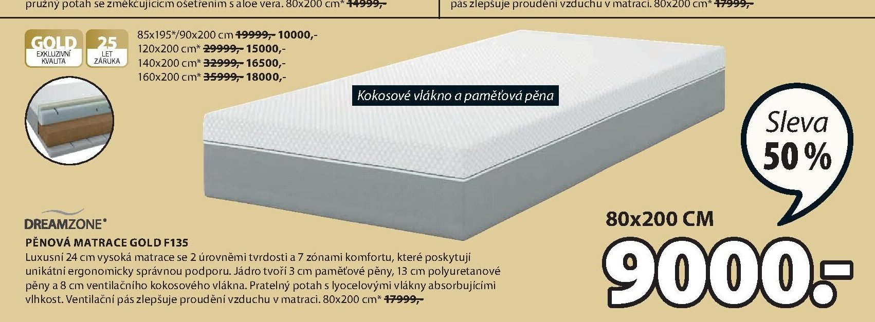 DREAMZONE PĚNOVÁ MATRACE GOLD F135