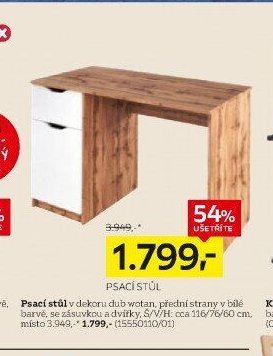 Psací stůl v dekoru dub wotan, přední strany v bílé barvě, se zásuvkou a dvířky, Š/V/H: cca 116/76/60 cm