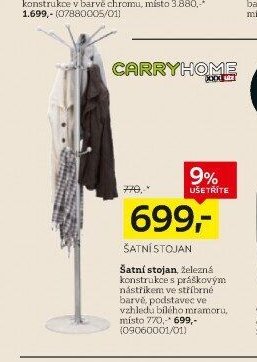 Šatní stojan, železná konstrukce s práškovým nástřikem ve stříbrné barvě, podstavec ve vzhledu bílého mramoru