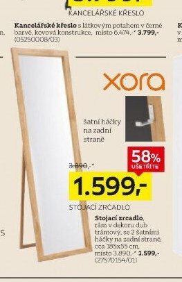 Stojací zrcadlo, rám v dekoru dub trámový, se 2 šatními háčky na zadní straně, cca 185x55 cm